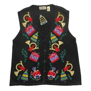 Music Band Knit Sweater Vest Black Large Women's Drum Bell Drummer Horn